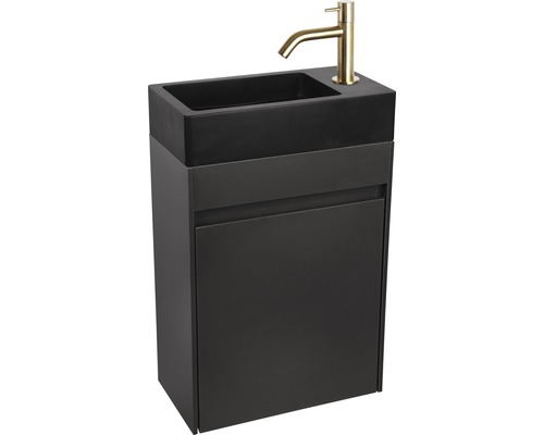 Waschtisch mit Unterschrank, schwarzem Becken und goldfarbener Armatur