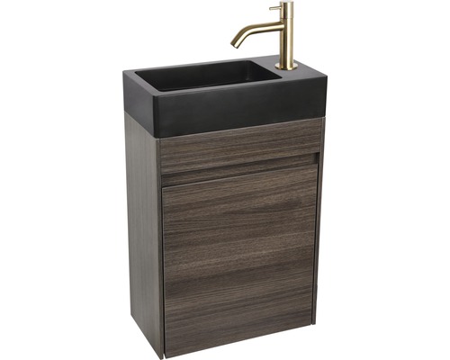 Waschtisch mit Unterschrank, schwarzem Waschbecken und goldfarbener Armatur