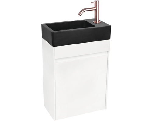 Waschtisch mit Unterschrank, schwarzem Waschbecken und Armatur