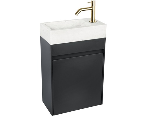Waschtisch mit Unterschrank, Waschbecken aus Marmor und goldener Armatur
