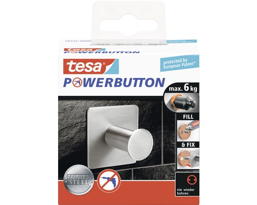 Tesa Powerbutton Klebehaken mit Edelstahloptik, maximale Tragkraft 6 Kilogramm, Bohren nicht erforderlich