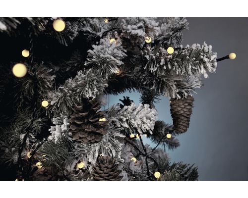 Dekorierter Weihnachtsbaum mit Tannenzapfen und Lichterkette