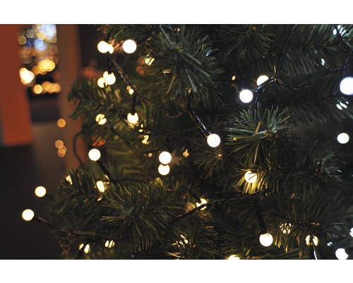 Nahaufnahme eines Weihnachtsbaums mit Lichterkette
