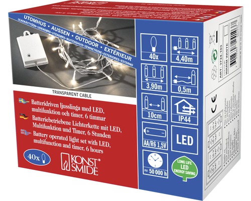 LED Lichterkette Konstsmide 1,9 m + 50 cm Zuleitung 40 LEDs Lichtfarbe warmweiß batteriebetrieben Konst Smide Lichterkette mit LED, Batteriebetrieb, Multifunktion und Timer, 6 Stunden