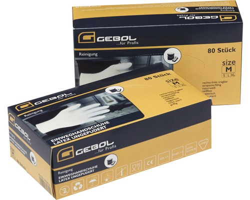 Zwei Verpackungen Gebol Einweghandschuhe aus Latex ungepudert