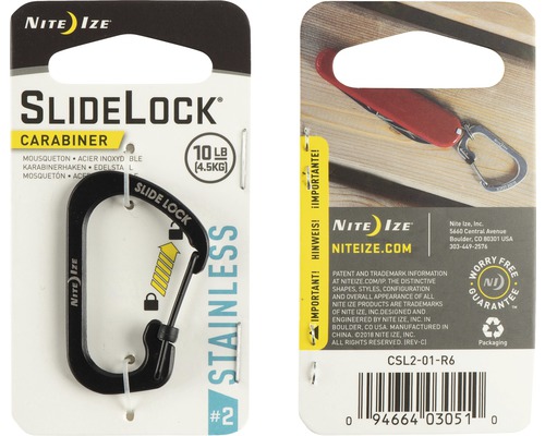 Karabinerhaken Nite Ize SlideLock® Carabiner Stainless Steel CSL2-01-R6 schwarz Nite Ize SlideLock Karabinerhaken mit einer Traglast von 4,5 Kilogramm