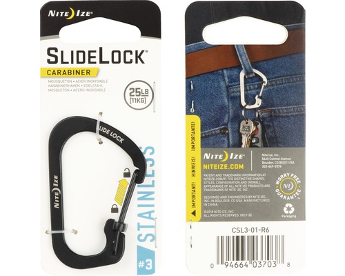 Karabinerhaken Nite Ize SlideLock® Carabiner Stainless Steel CSL3-01-R6 schwarz Nite Ize SlideLock Karabiner aus Edelstahl, 11 Kilogramm Traglast, auf Verpackung