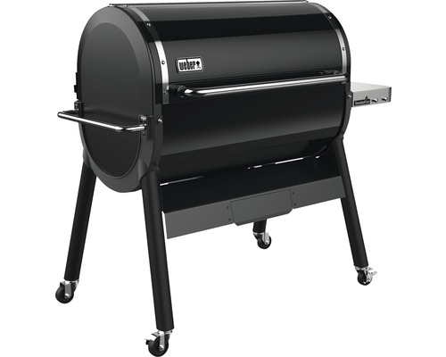 Schwarzer Pelletgrill mit Rollen und Seitentisch