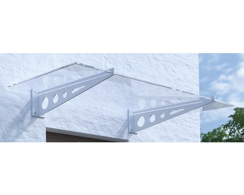 Vordach ARON Pultform Metz VSG 150x105 cm weiß ohne Wandanschlussprofil Zwei Haustürvordächer mit transparenter Abdeckung und weißer Halterung