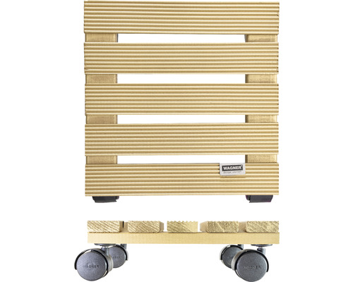 Pflanzenroller aus Holz mit Rollen und Wagner Logo