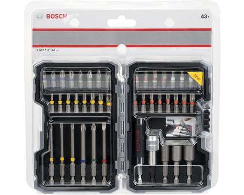 Bosch Logo. 43-teiliges Schrauberbit-Set mit verschiedenen Bits und Haltern in einem transparenten Kunststoffkoffer.