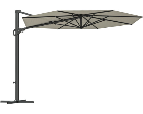 Freiarm-Sonnenschirm mit Kurbelmechanismus und stabilem Standfuß für den Außenbereich.
