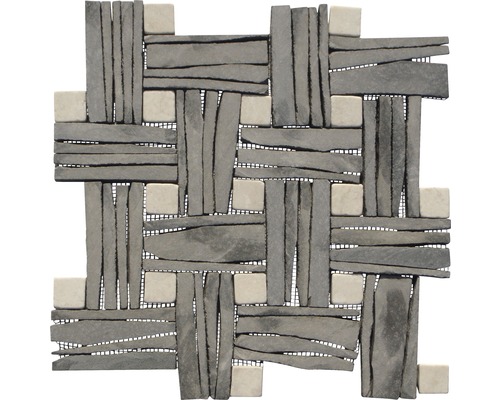Natursteinmosaik Schiefer 30,0x30,0 cm anthrazit beige Mosaikfliese mit Steinoptik und quadratischen Akzenten