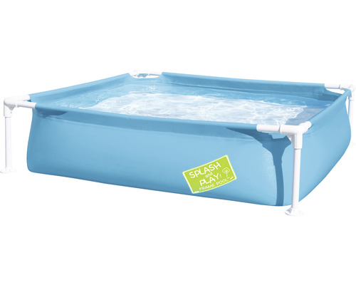 Blaues Planschbecken mit Rahmen und Wasser gefüllt