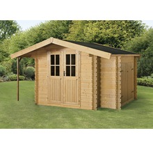Holzgartenhaus mit Doppeltür und Anbau im Garten