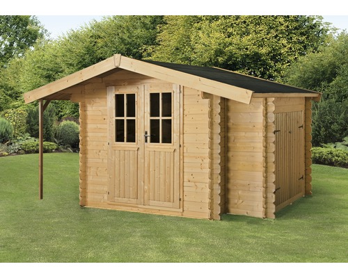 Holzgartenhaus mit Doppeltür und Anbau im Garten