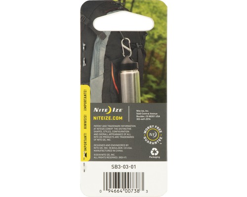 Nite Ize Logo auf der Verpackung des Edelstahl-Flaschenanhängers