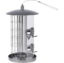 Vogelfutterspender mit Metallgehäuse und durchsichtigem Futterbehälter