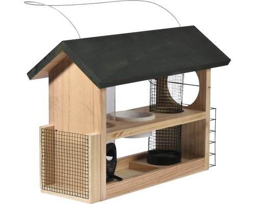 Vogelhaus aus Holz mit verschiedenen Futterstellen