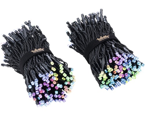 Zwei gebündelte Lichterketten mit mehrfarbigen Lichtern und dem Twinkly Logo.