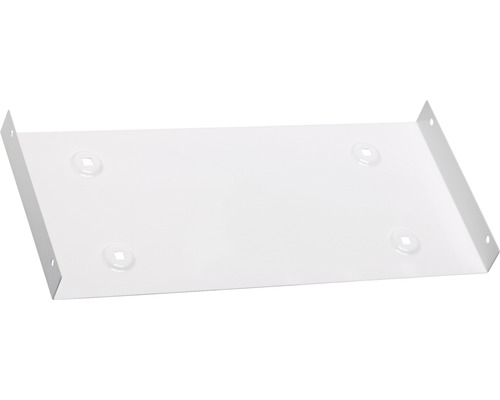 Weiße Gerätehalterung aus Metall mit Befestigungslöchern.