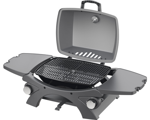 Tragbarer Gasgrill mit geöffnetem Deckel und Seitenablagen