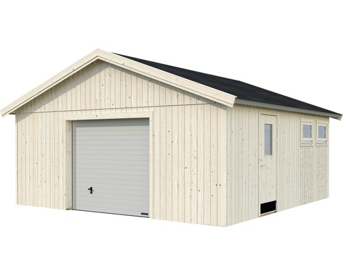 Garage aus Holz mit Garagentor und Seitentür