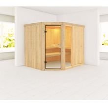 Ecksauna mit Glastür und Holzverkleidung im Innenraum