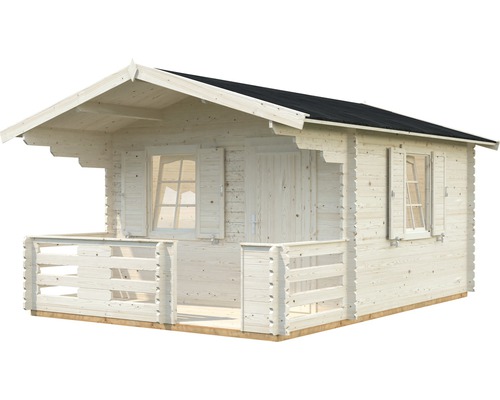 Gartenhaus aus Holz mit Terrasse, Fenstern und Tür