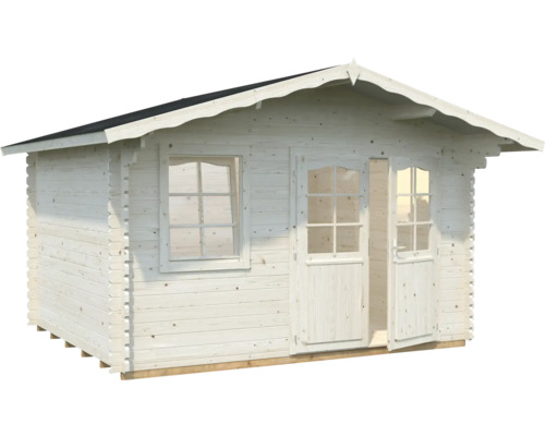 Holzgartenhaus mit Fenster und offener Doppeltür