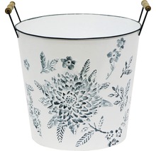 Blumentopf aus Metall mit Blumendekor und Holzgriffen