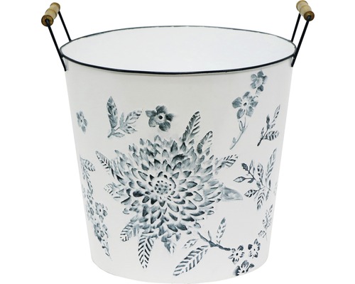 Blumentopf aus Metall mit Blumendekor und Holzgriffen
