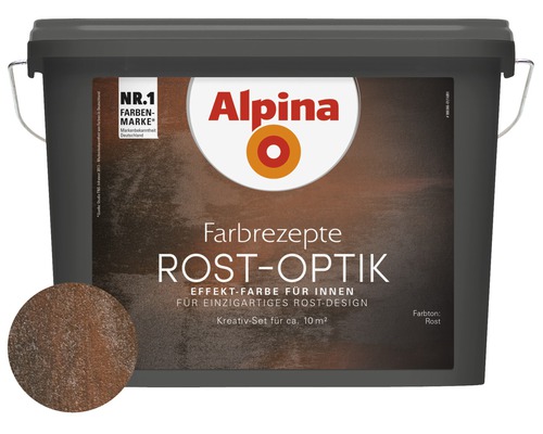Alpina Effektfarbe Rost Optik Komplett-Set inkl. Alpina Bürste Alpina Farbrezepte Rost Optik Effektfarbe für Innen in einem grauen Eimer