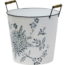 Dekorativer Pflanztopf aus Metall mit Blumendesign und Tragegriffen
