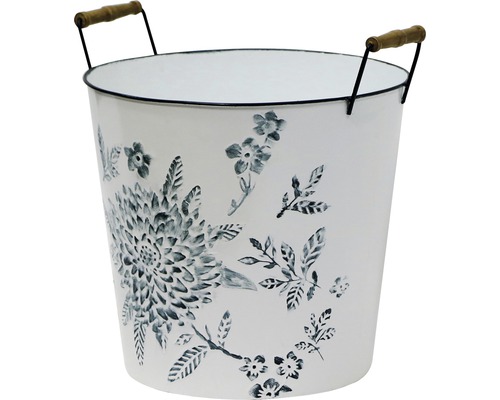 Dekorativer Pflanztopf aus Metall mit Blumendesign und Tragegriffen