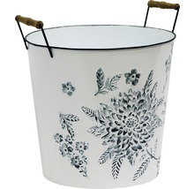 Blumentopf aus Metall mit Blumendekor und Holzgriffen