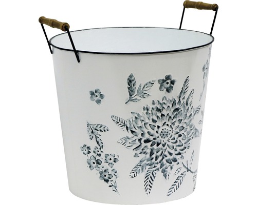Blumentopf aus Metall mit Blumendekor und Holzgriffen