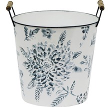 Blumentopf aus Metall mit Blumendekor und Holzgriffen