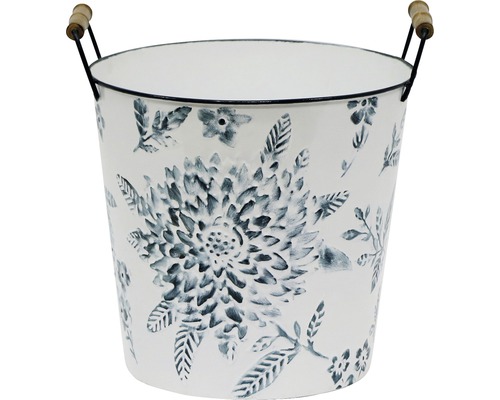 Blumentopf aus Metall mit Blumendekor und Holzgriffen