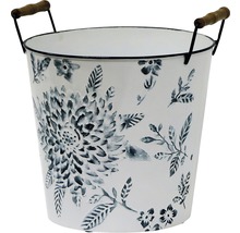 Blumentopf aus Metall mit Blumendekor und Holzgriffen