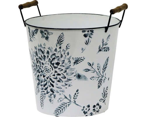 Blumentopf aus Metall mit Blumendekor und Holzgriffen