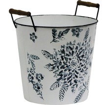 Dekorativer Pflanzkübel mit Blumendekor und Holzgriffen.