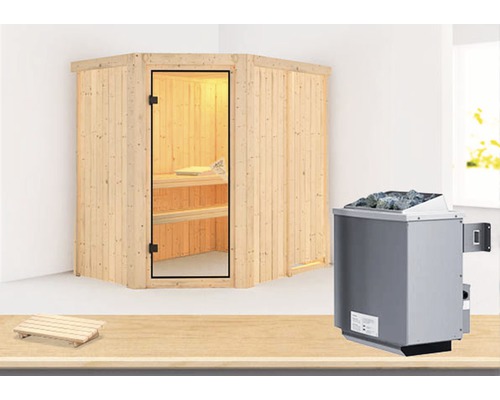 Elementsauna Karibu Carina inkl. 9 kW Ofen u.integr.Steuerung ohne Dachkranz mit bronzierter Ganzglastüre