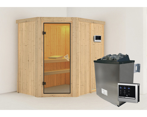 Elementsauna Karibu Carina inkl. 9 kW Ofen u.ext.Steuerung ohne Dachkranz mit bronzierter Ganzglastüre