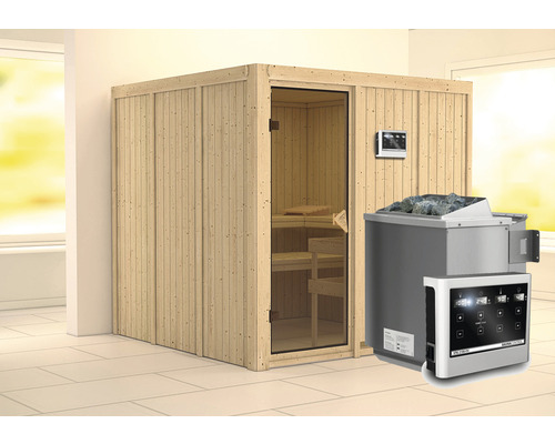 Elementsauna Karibu Rodina inkl. 9 kW Bio Ofen u.ext.Steuerung ohne Dachkranz mit bronzierter Ganzglastüre