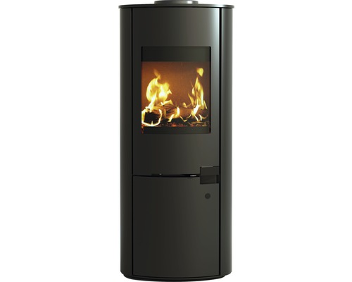 Kaminofen Schiedel Sirius 1 RLU Stahl schwarz 5,9 kW mit Holzfach Kaminofen mit Feuer im Brennraum