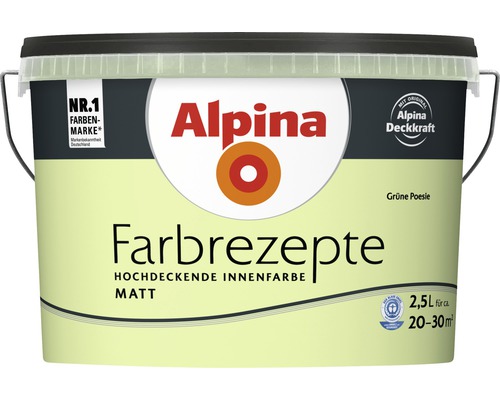 Eimer mit Alpina Farbrezepte hochdeckende Innenfarbe Matt, Farbton Grüne Poesie, Inhalt 2,5 Liter