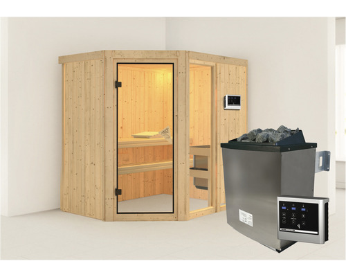 Elementsauna Karibu Siona 1 inkl. 9 kW Ofen u.ext.Steuerung ohne Dachkranz mit bronzierter Ganzglastüre