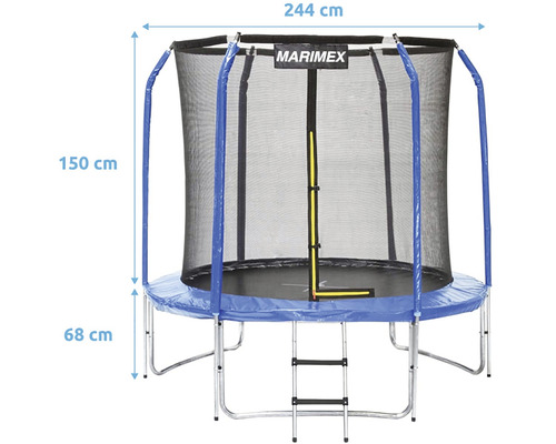 Marimex Trampolin mit Leiter, Sicherheitsnetz und blauer Rahmenpolsterung, 244 Zentimeter breit und 150 Zentimeter hoch