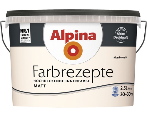 Alpina Farbrezepte Innendispersionsfarbe Muschelweiß, 2,5 Liter Eimer